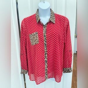 Belle by Kim Gravel Red And Tan Polka Dot Blouse with Leopard Accents